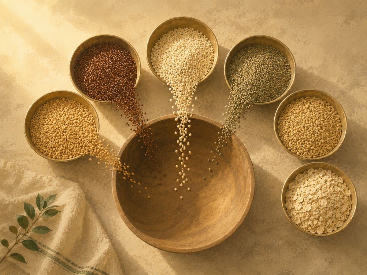 Six small bowls of different grains laid out on a table, seen from above