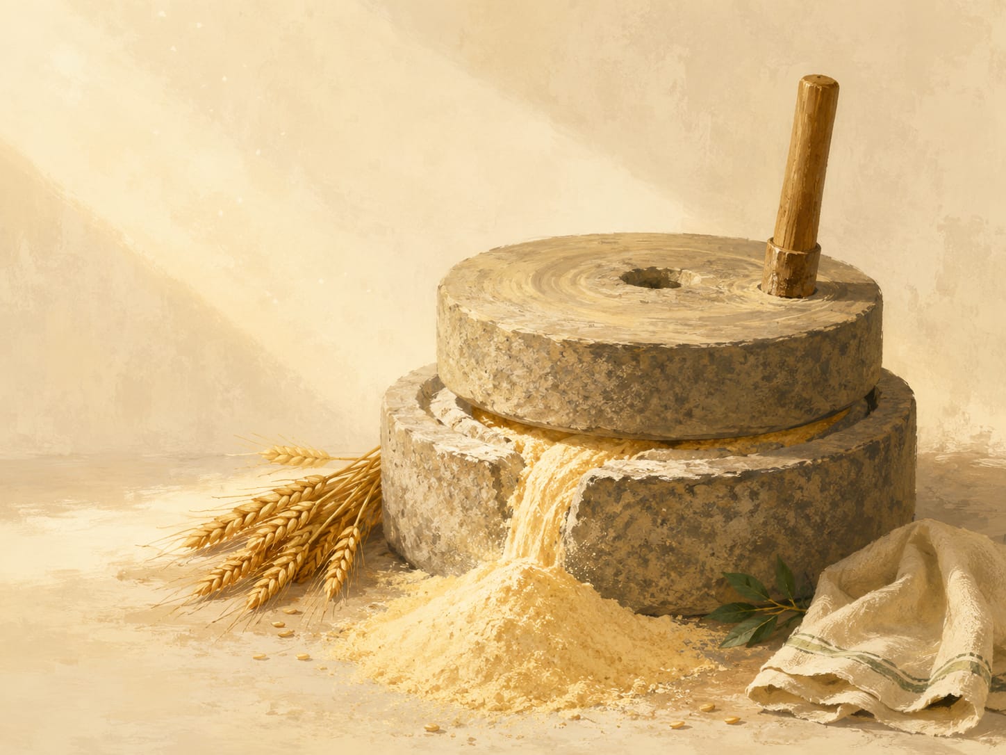 Flour falling from a stone chakki, caught in low warm light