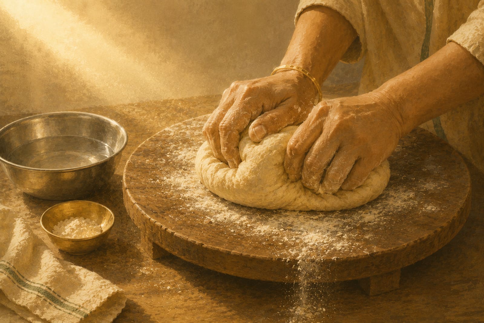 Hands kneading dough on a wooden board, warm morning light