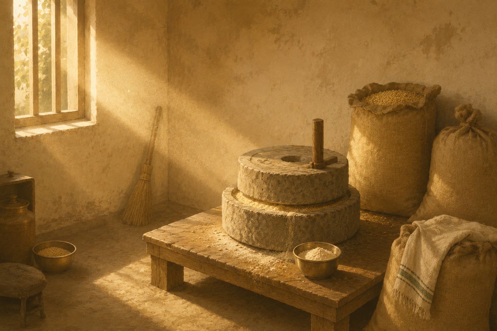 A wide view of the milling room, with the stone mill at its centre