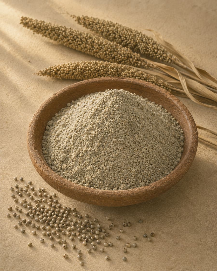 Grey-green bajra flour beside a small heap of pearl millet grains