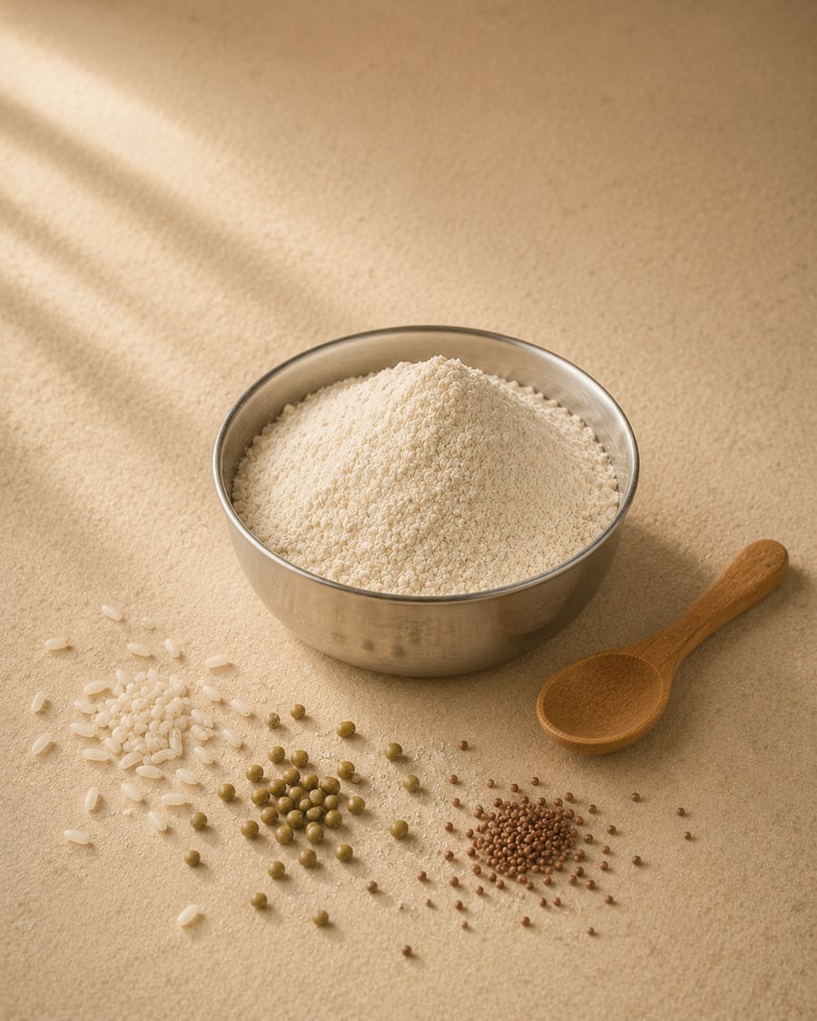 Very fine pale blend of ragi, rice and moong flour in a small steel bowl