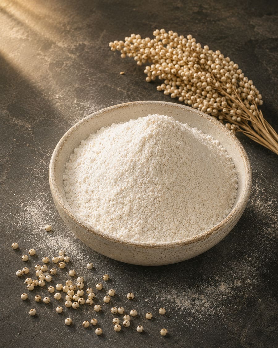 Chalk-white jowar flour, very fine, on dark linen