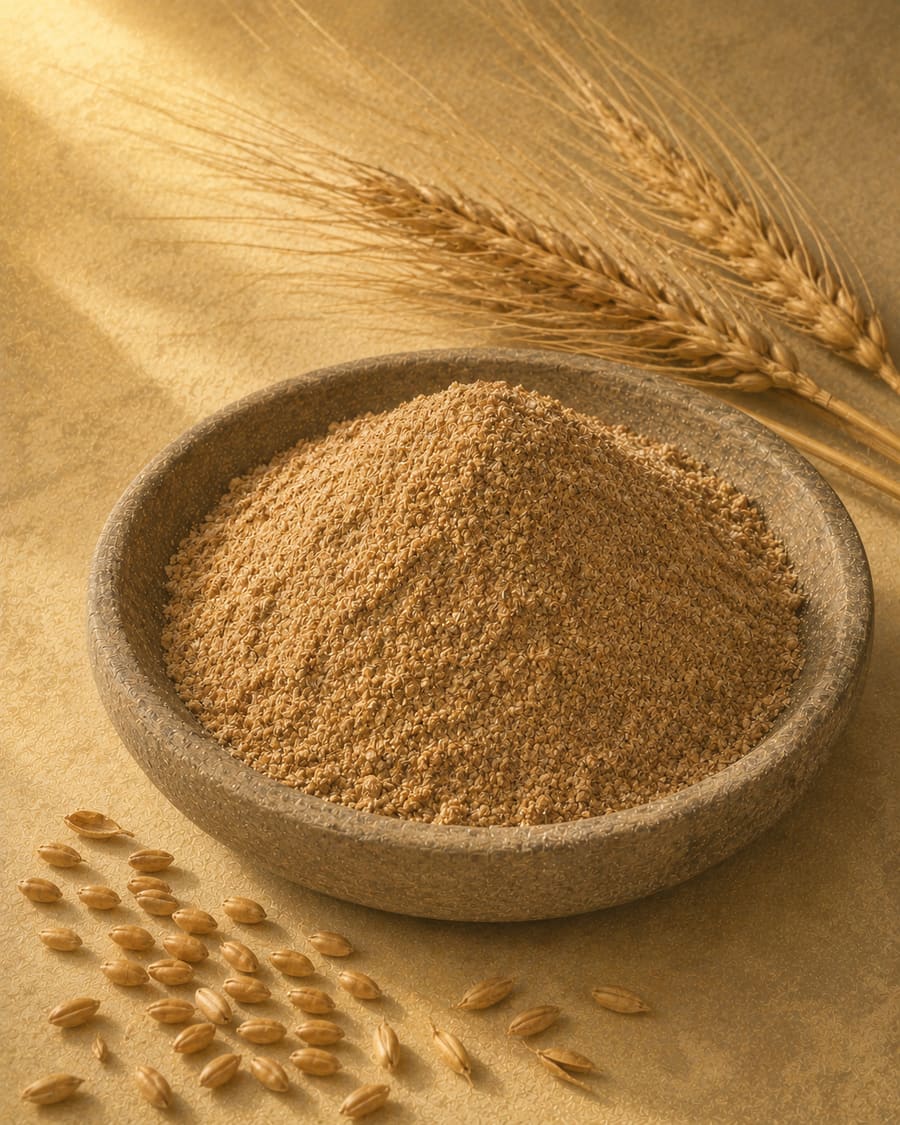 Coarse Khapli emmer wheat flour, deeper brown, with a few whole grains beside it
