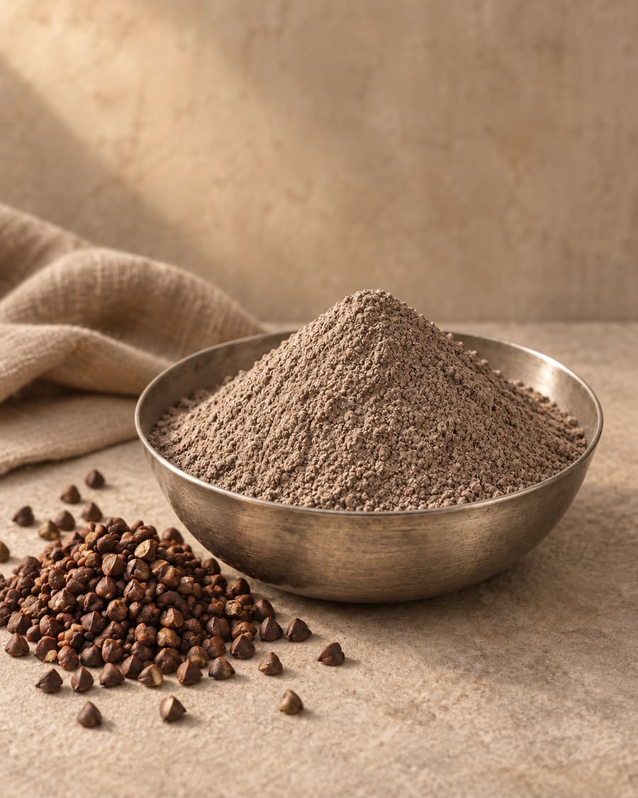 Dark grey-brown kuttu flour in a steel bowl