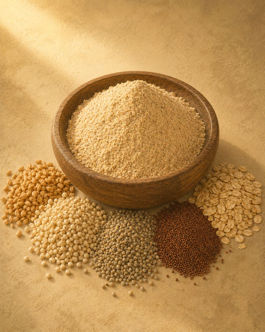 Multigrain flour with five small piles of the component grains arranged around it