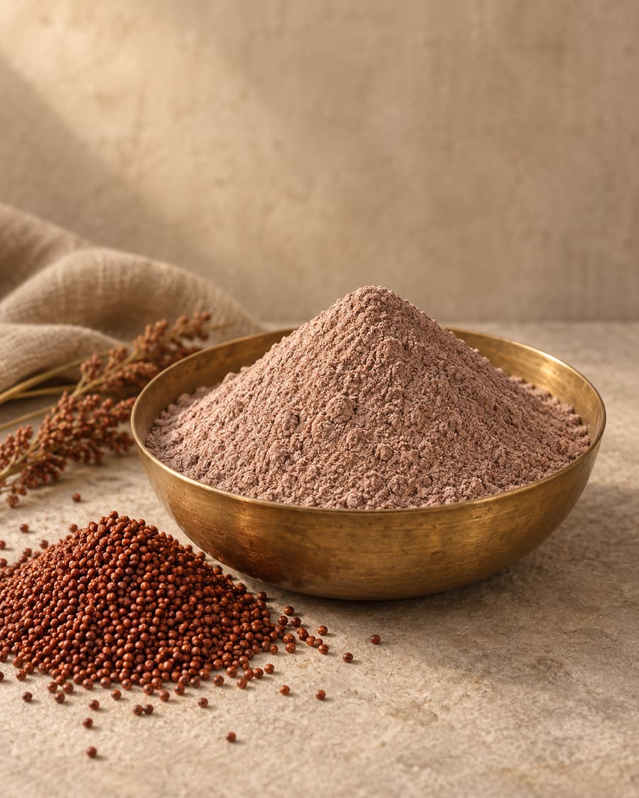 Rust-brown ragi flour in a brass bowl