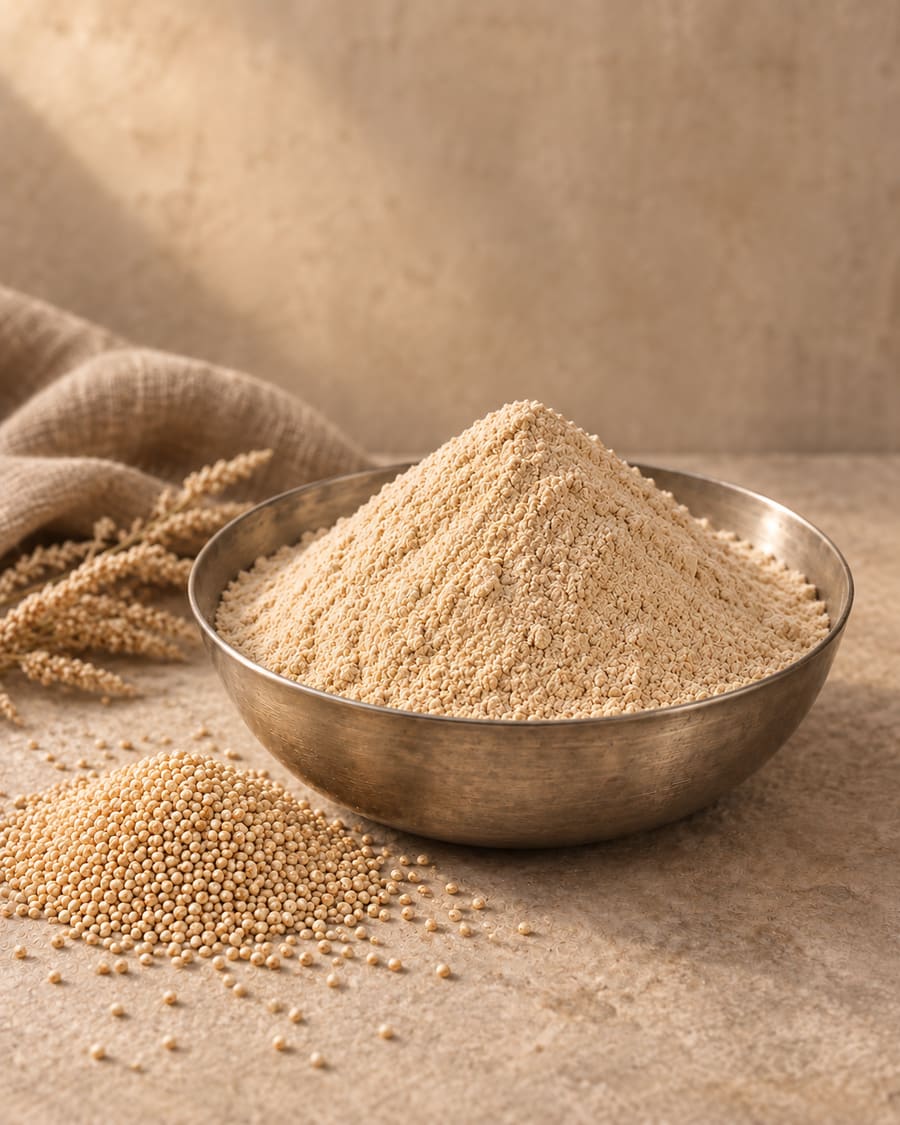 Fine pale-gold rajgira flour in a steel bowl