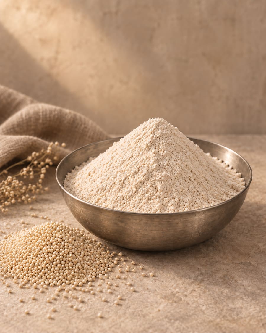 Pale sama millet flour in a steel bowl