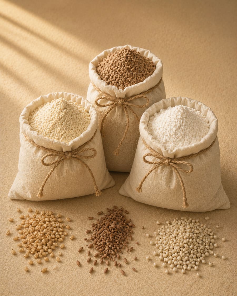 Three small cotton bags of different flours tied with jute twine