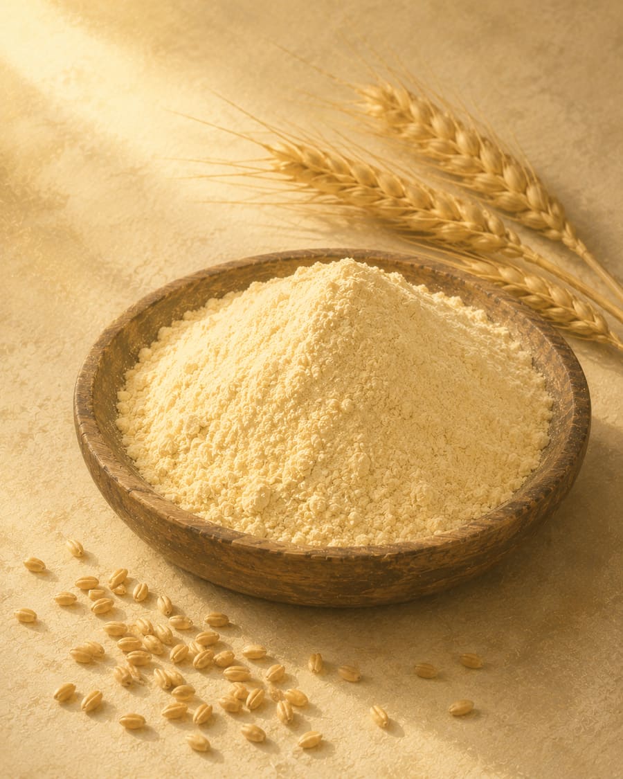 Finely stone-ground Sharbati wheat flour, pale gold, in a shallow wooden bowl