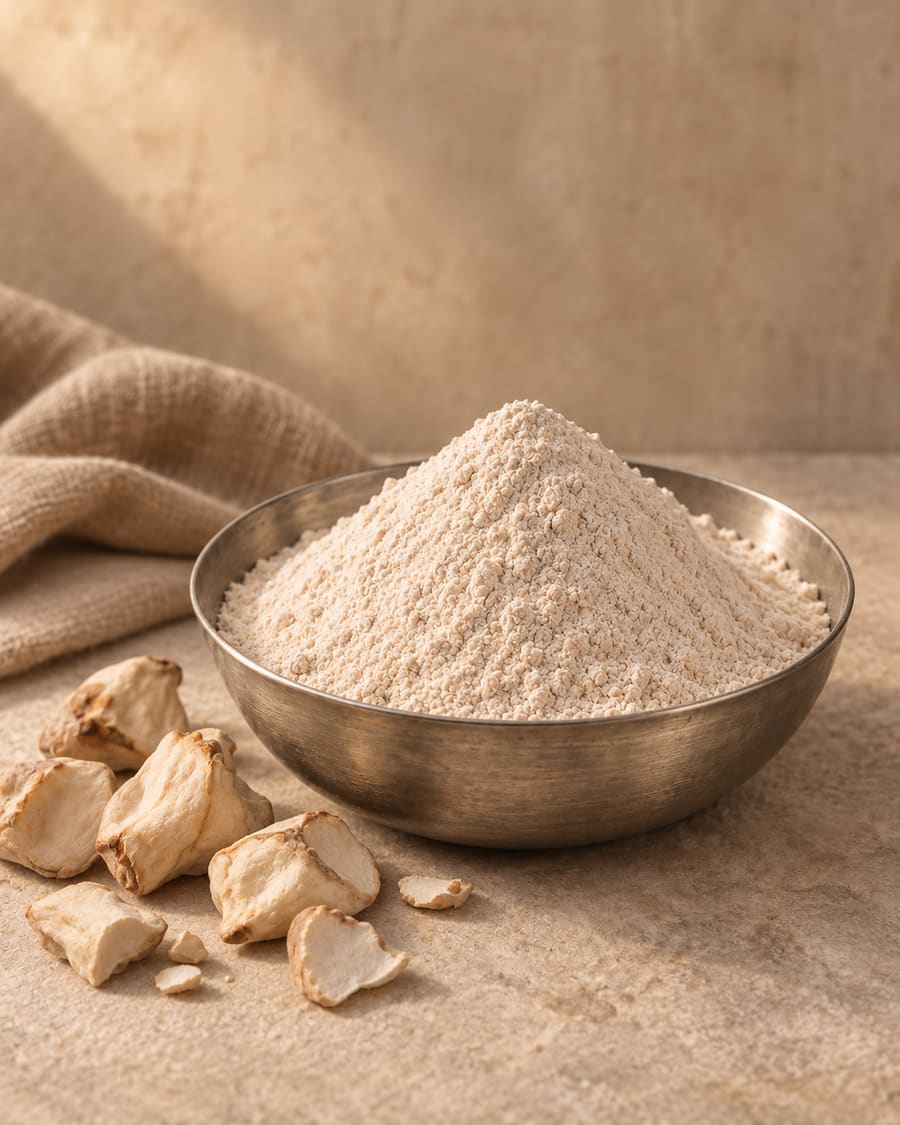 Pale cream singhara flour in a steel bowl