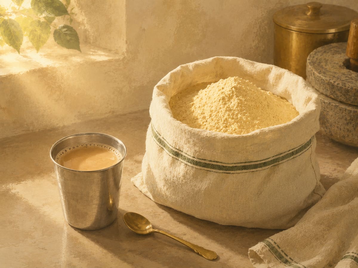 An opened pack of flour on a kitchen counter