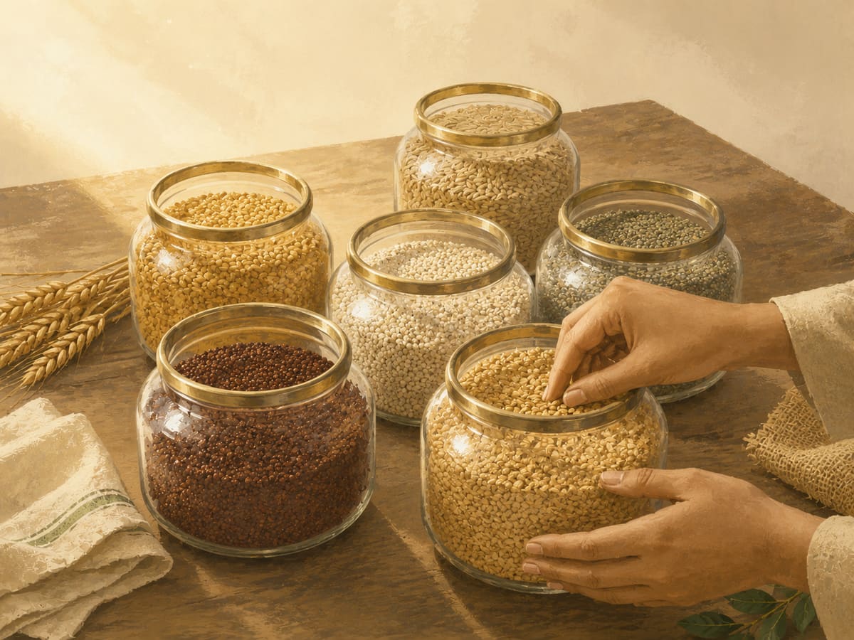 Hands choosing grain from open jars