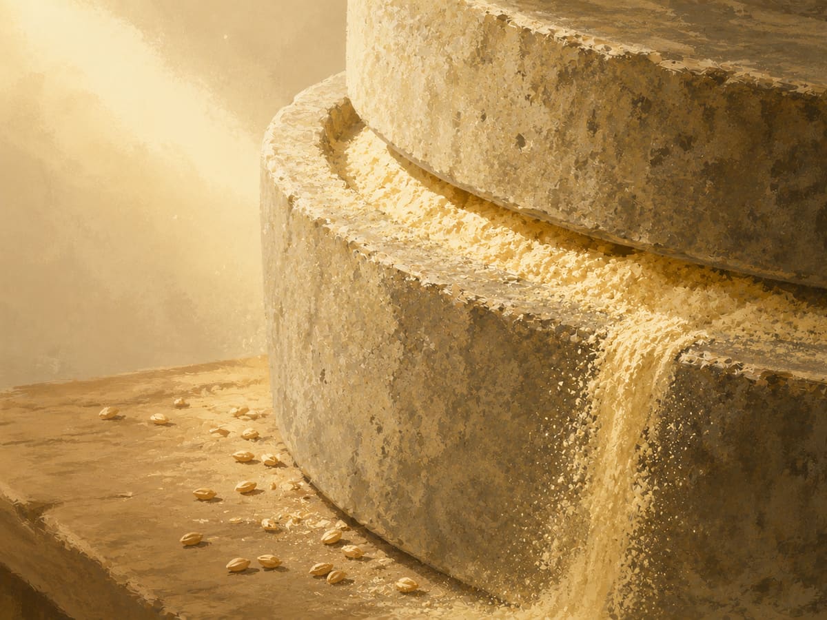 Stone mill turning, flour emerging at its edge